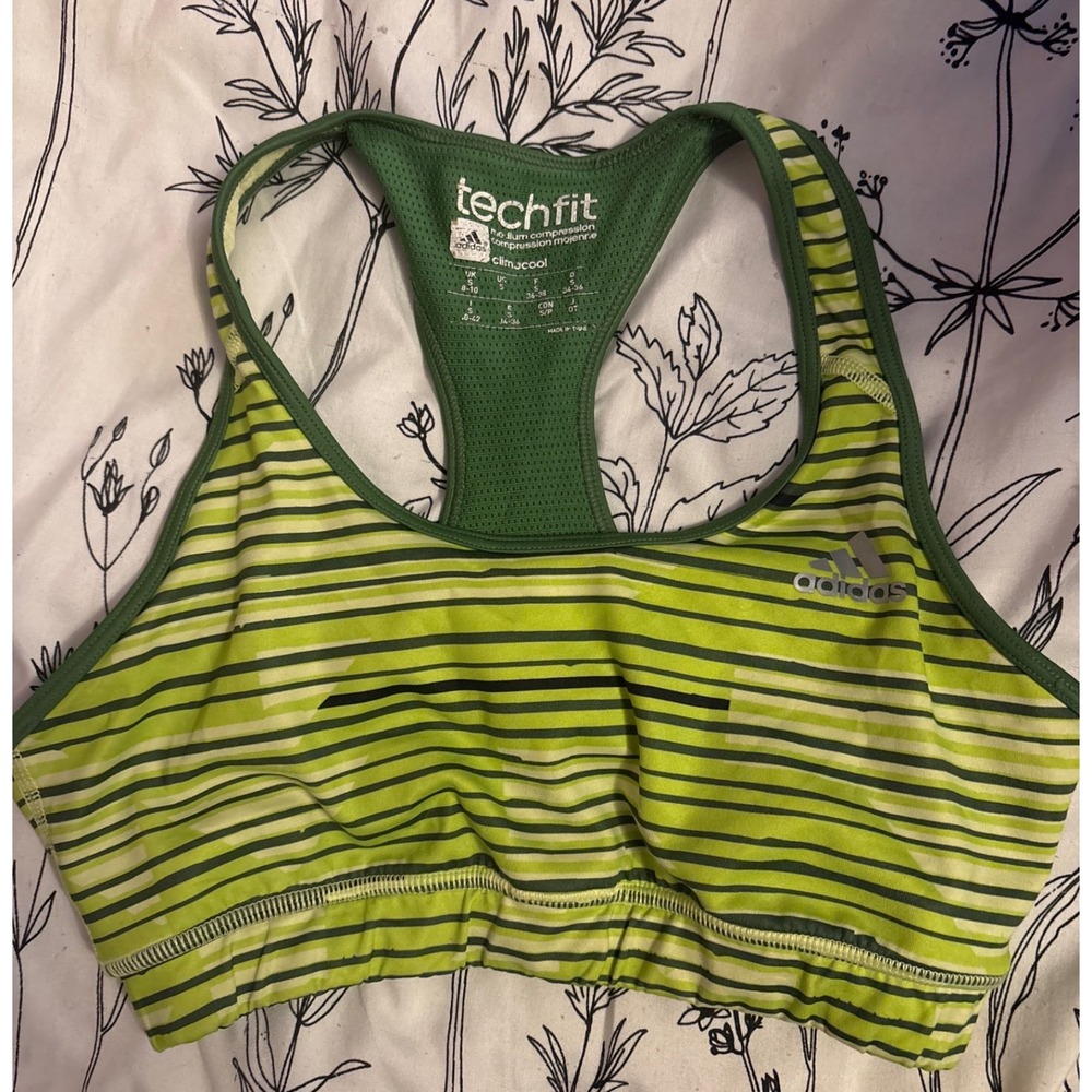 Adidas Green Stripe ClimaCool TechFir Medium Compression Sports Bra, Small